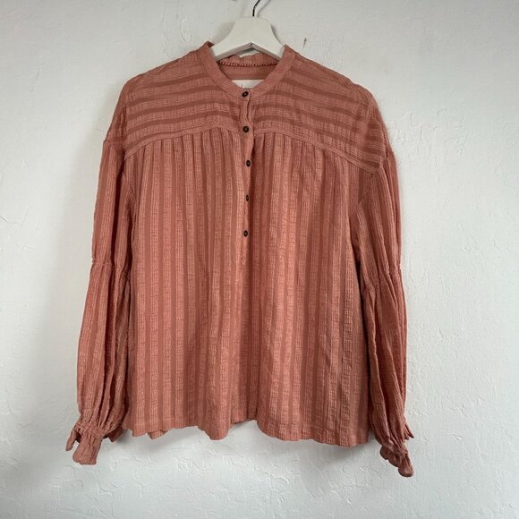 Anthropologie Womens Romy Textured Peasant Henley Button Up Blouse Top XS Peach - Picture 1 of 8